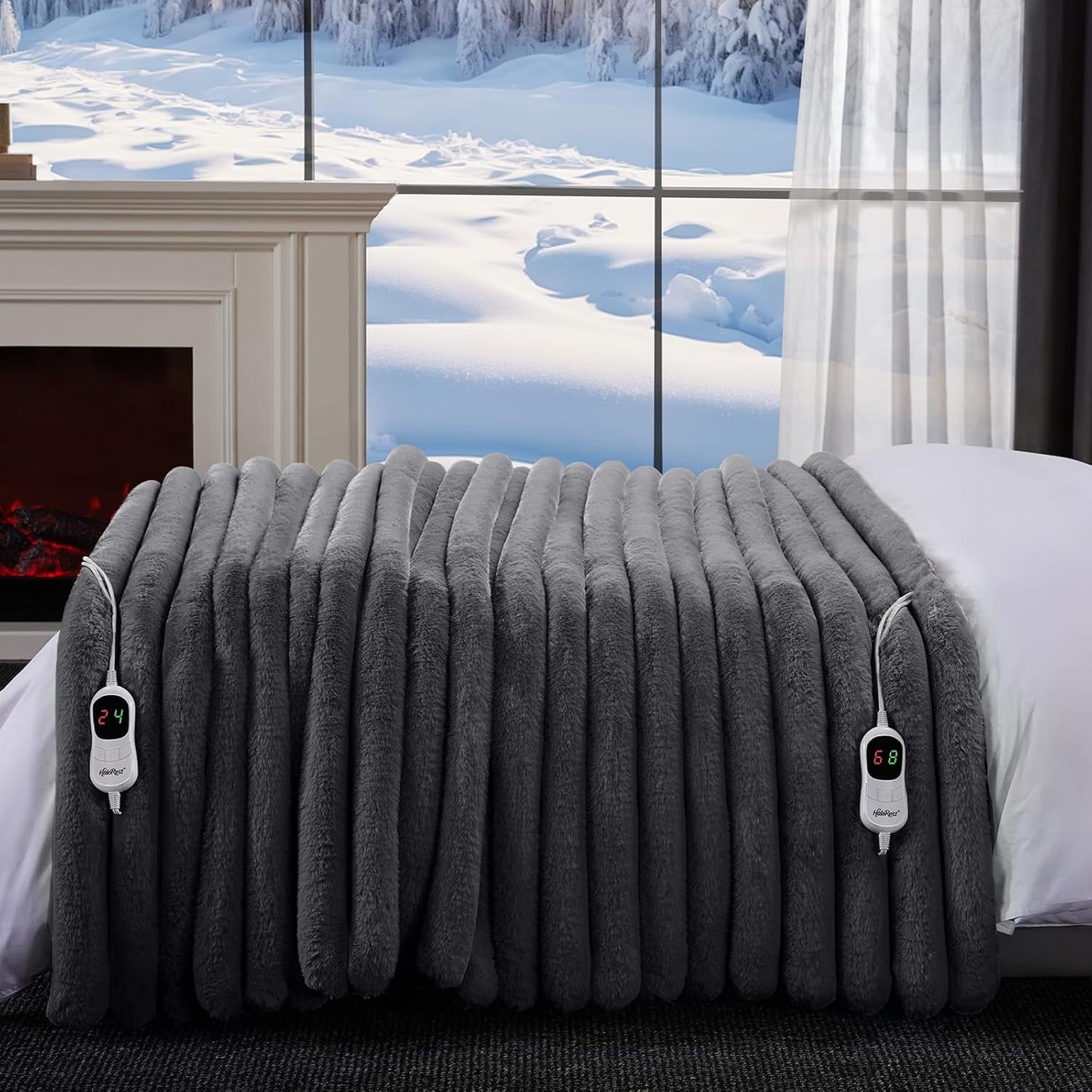 Heated Throw Blanket, Faux Fur Cozy Heating Blanket with Overheat Protection, 1/2/4/6/8 Hours Auto-Off 10 Heat Level, Machine Washable (50x60 Inches, Cream White)