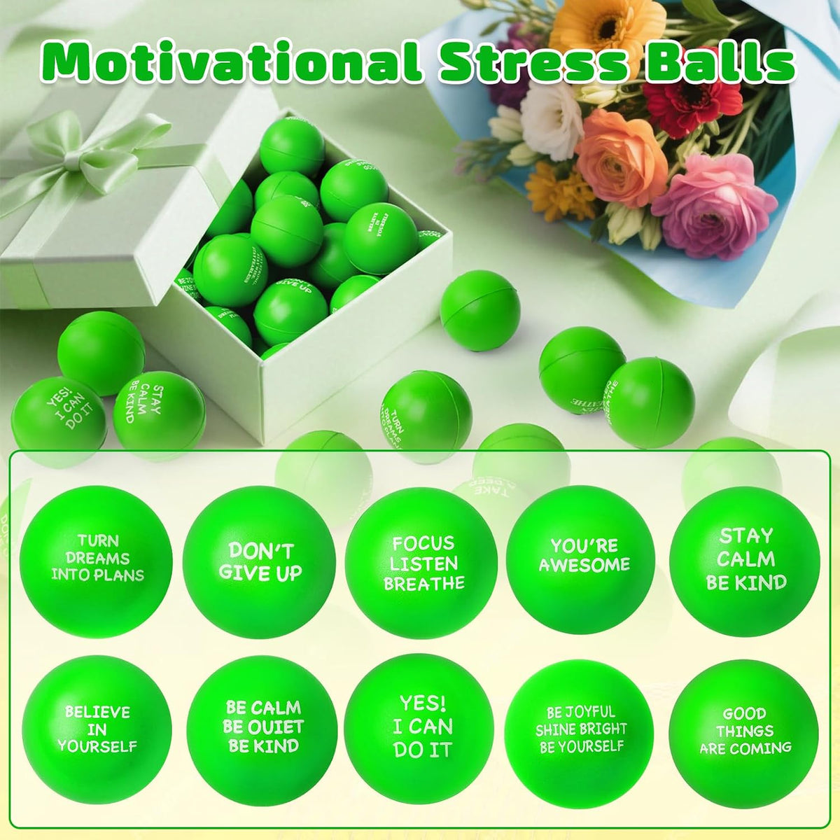 SHQDD 100PCS Motivational Stress Balls for Adults and Kids - Stress Balls Bulk Soft Sponge Squeeze Toys with Inspirational Quotes | Office Classroom Stress Relief Gifts | Anxiety Relief Fidget Toys