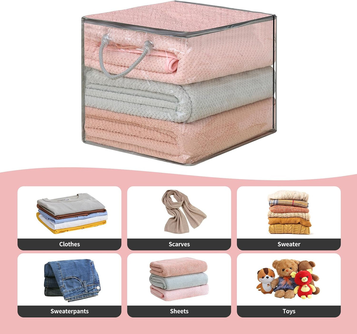 10-Pack Clear Zippered Storage Bags with Handles, Two-Way Zipper Foldable Closet Organizer, Bed Sheet Organizer, Plastic Storage Bin for Clothes, Towels