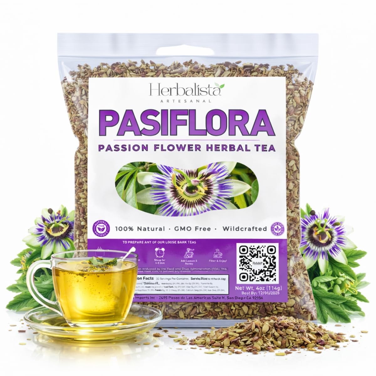 Pasiflora Herbal Tea (Passionflower) – Premium Loose Leaf Blend – 4 oz (113 g) Wildcrafted Traditional Herbal Infusion – 100% Natural, Caffeine-Free, Vegan, Non-GMO