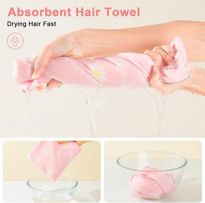 Unicorn Castle Microfiber Hair Towel for Kids 2Pack Hair Wrap Towels Absorbent Hair Drying Towel Wrap Hair Turbans for Curly Thick Hair, Pink White Strawberry