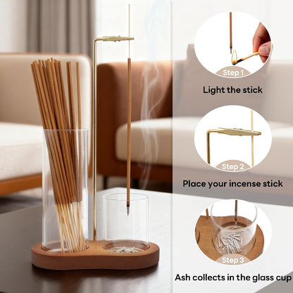 Incense Holder, 2 in 1 Incense Sticks Burner with Glass Ash Catcher & Stick Storage, Meditation Yoga Spa Gifts for Women, House Warming Gifts New Home Wooden Aesthetic Room Decor, Rustic Brown