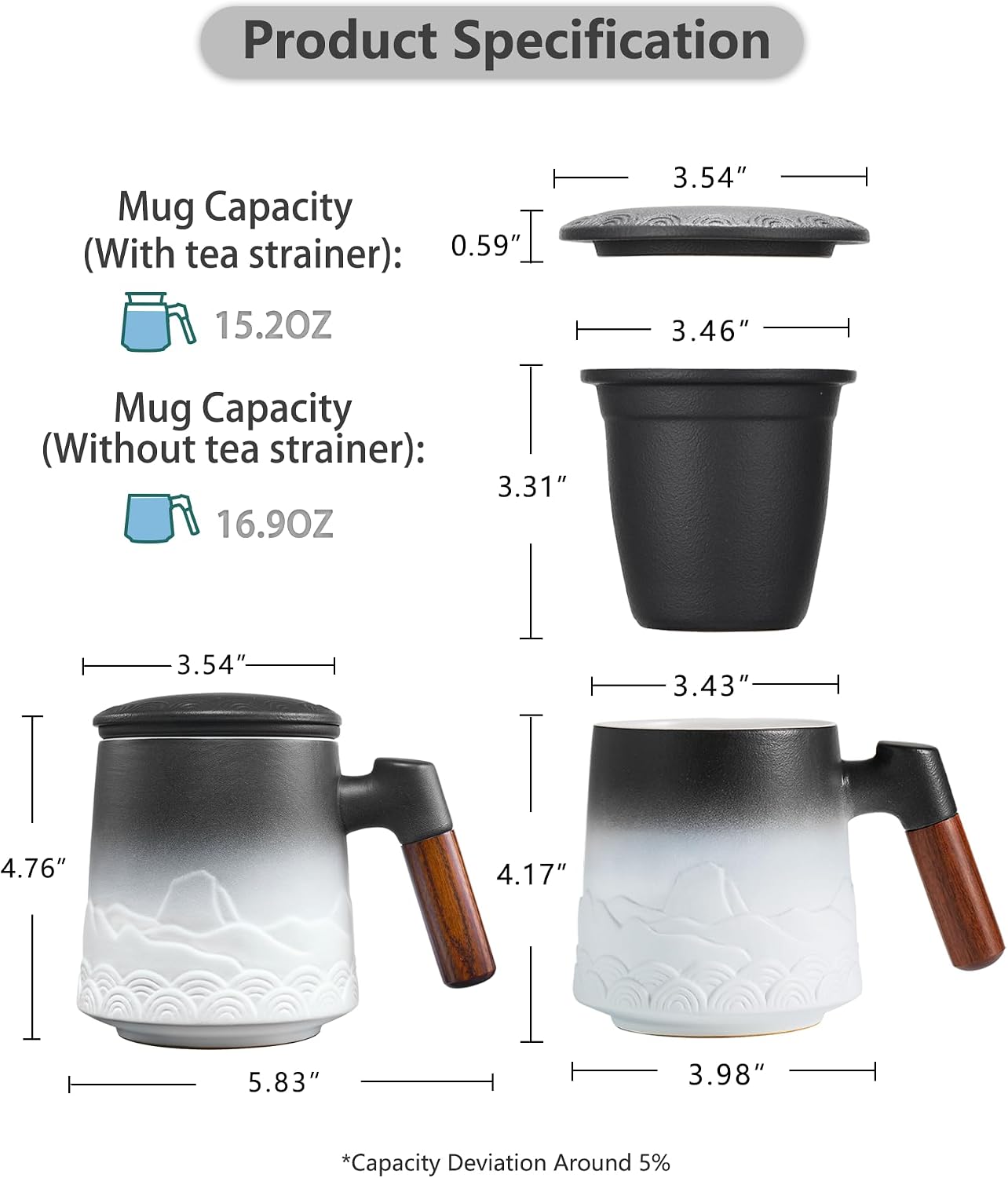 ZENS Embossed Ceramic Tea Mug with Infuser and Lid, 14.5 oz Wooden Handle, Loose Leaf Tea Steeper Cup & Strainer for Tea Lovers Gifts