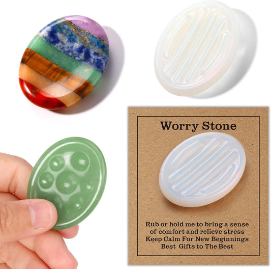 3 Pcs Thumb Worry Stones Green Aventurine Chakra Striped Opalite Anxiety Palm Stone Crystal Hand-Carved Healing Stones with 3 Kraft Cards Grounding Soothing Stones for Anxiety for Relief Meditation