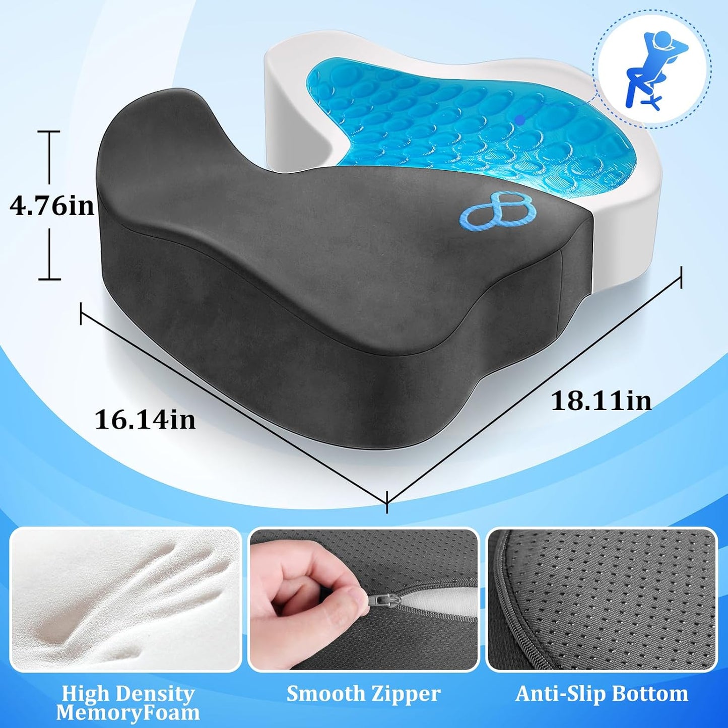 CushyOasis Seat Cushion, Gel Chair Cushions, Office Chair Cushions, Anti-Slip Bottom & Removable Cover Tailbone Pain Relief Cushion, Memory Foam Seat Cushion for Office, Wheelchair, Car (Black)