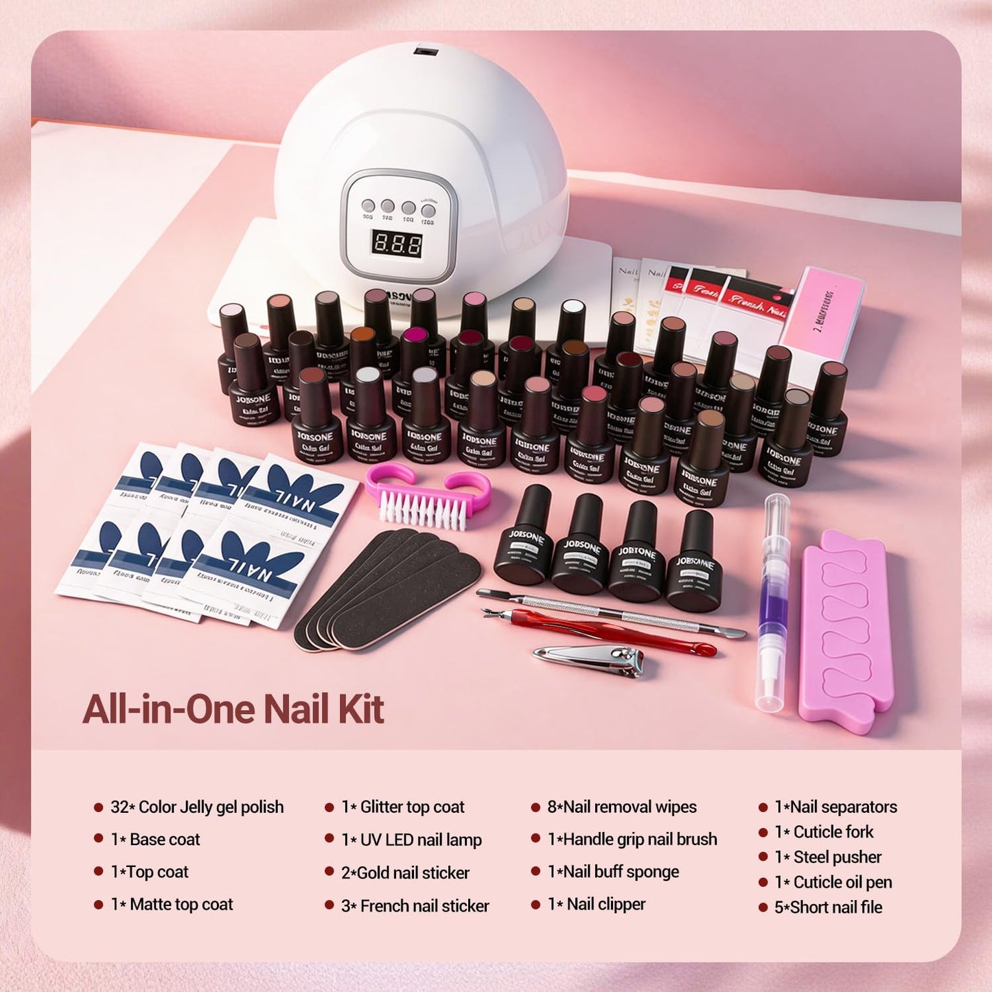 JODSONE Gel Nail Polish Kit with U V Light 32 Colors Gel Polish Nail + 4 Functional Adhesive Bottles Kit Soak Off Manicure Tools Gifts for Women