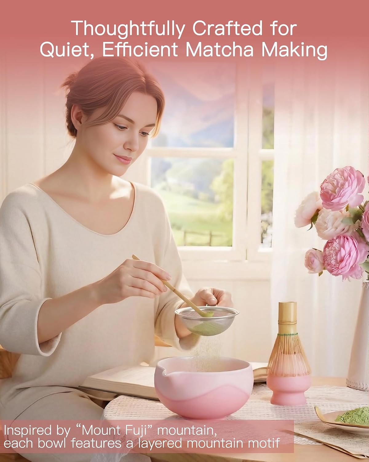 ZENS Matcha Whisk Set, Matcha Kit Set, Matcha Bowl with Spout, Bamboo Whisk & Scoop, Chasen Holder, 304 Sifter & Tea Mat, 6pcs Japaness Matcha Kit for Matcha Lovers, Birthday Gift, Pale Green