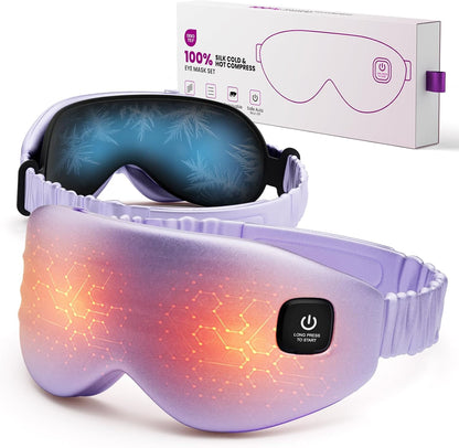 100% Silk Wireless Heated Eye Mask with Cooling, Relieves Dry Eye Syndrome and Puffy, Reduces Dark Circles, Adjustable Velcro Design and Washable Cover, Suitable for Travel & Gifts-Pink.