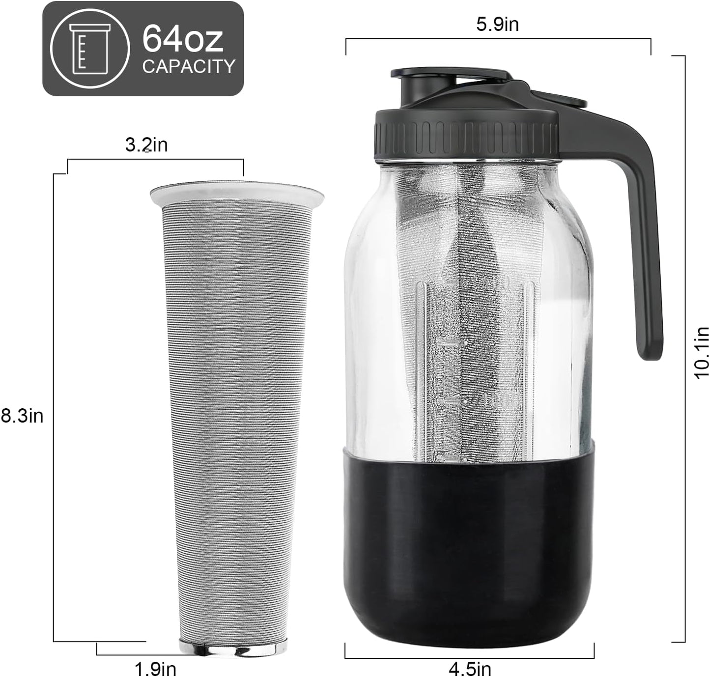 Cold Brew Coffee Maker,64 oz Mason Jar Pitcher with Stainless Steel Filter, Pour Spout Handle Lid, Heavy Duty Glass Airtight & Leak-Proof for Iced Coffee,Tea & Lemonade