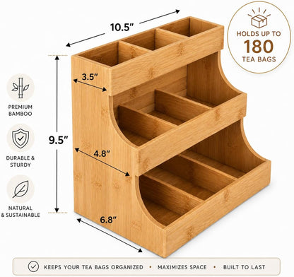 Theodore Tea Bag Organizer – Wooden Tea Organizer and Storage for Home, Kitchen, Office – 180 Tea Bag Holder - Vertical Display Tea Box. Also for Coffee Pods, Sugar, Sweeteners and Creamers.