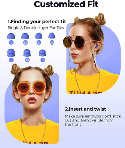 55dB Noise Reduction Ear Plugs for Sleeping, Reusable Noise Cancelling Earplugs for Snoring, Side Sleepers & Travel, Soft Silicone Hearing Protection for Concerts, Studying, Work, Airplane, 7 Ear Tips