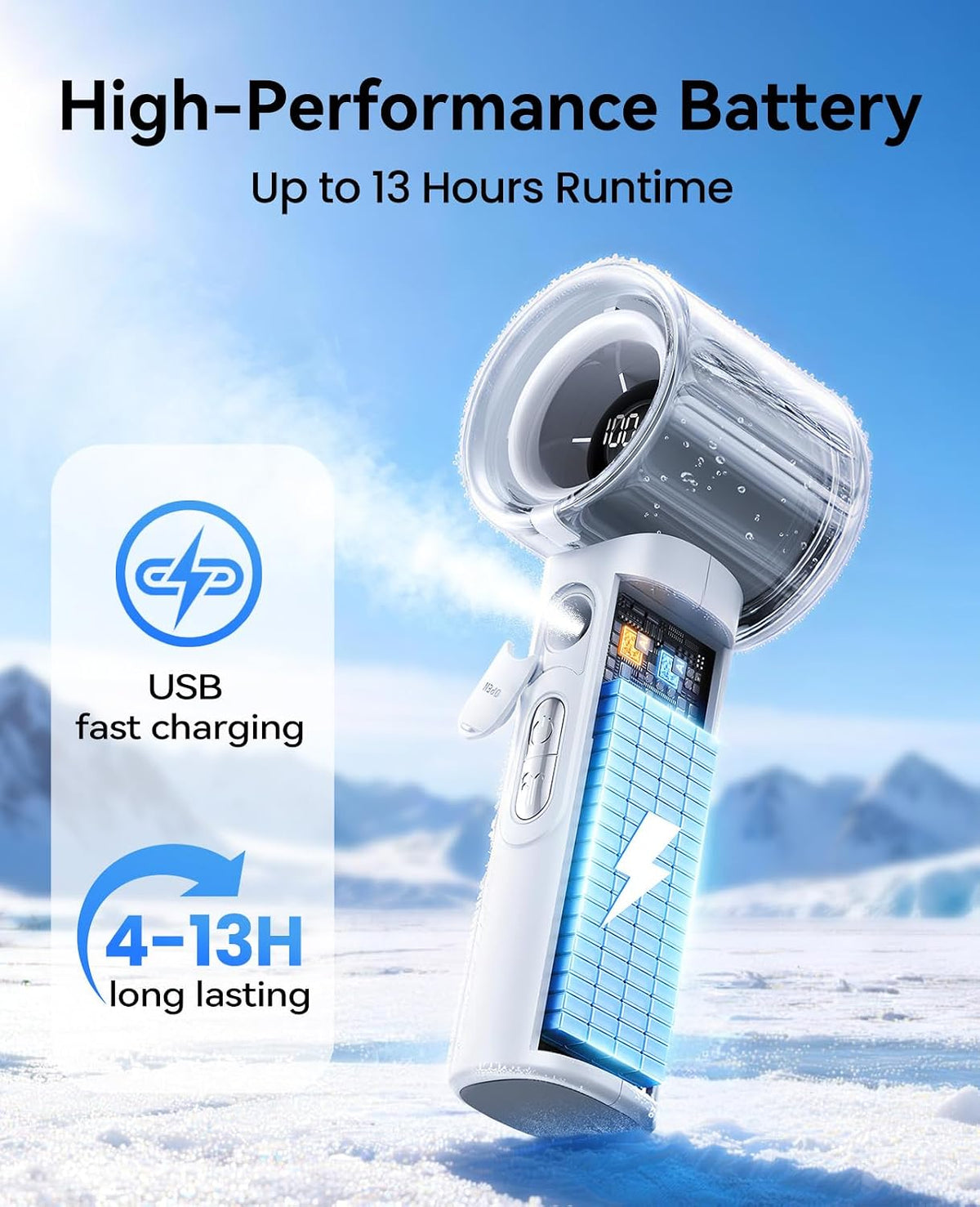 KIMMOO Portable Misting Fan, USB Rechargable Handheld Fan with Water Spray Mist, Up to 13 Hrs Cooling, 25000PRM, 100 Speeds, 50ml Water Tank, Personal Turbo Fan for Travel/Makeup/Office/Outdoor, Black