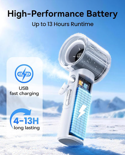 KIMMOO Portable Misting Fan, USB Rechargable Handheld Fan with Water Spray Mist, Up to 13 Hrs Cooling, 25000PRM, 100 Speeds, 50ml Water Tank, Personal Turbo Fan for Travel/Makeup/Office/Outdoor, Black