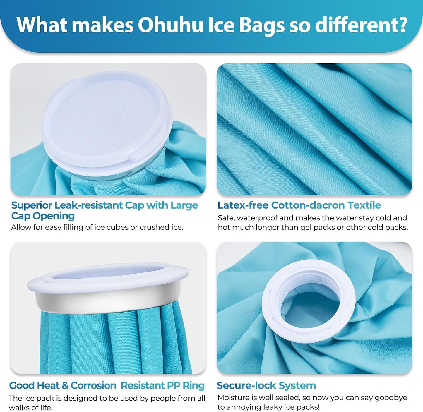 Ice Bags for Injuries Reusable: Ohuhu 3 Packs Ice Cold Packs with Wrap Ice Bag Hot Water Hot & Cold Therapy Pain Relief for Knee Leg Injury No-Leak Waterproof Ice Bags 3 Sizes 6"/9"/11", Blue