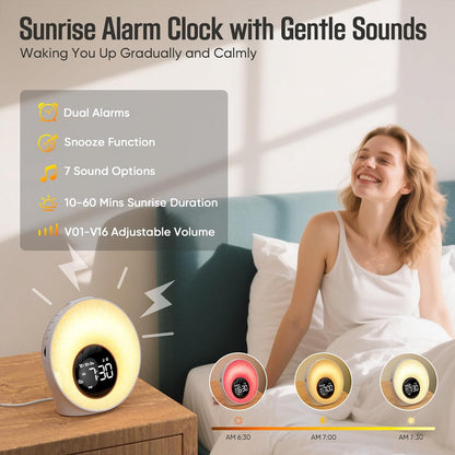 Sunrise Alarm Clock, White Noise Sleep Sound Machine for Bedroom, Wake Up Light with 30 Soothing Sounds, Dual Alarms, Snooze, Bedside Lamp, Christmas Gift for Baby, Adults, Heavy Sleepers