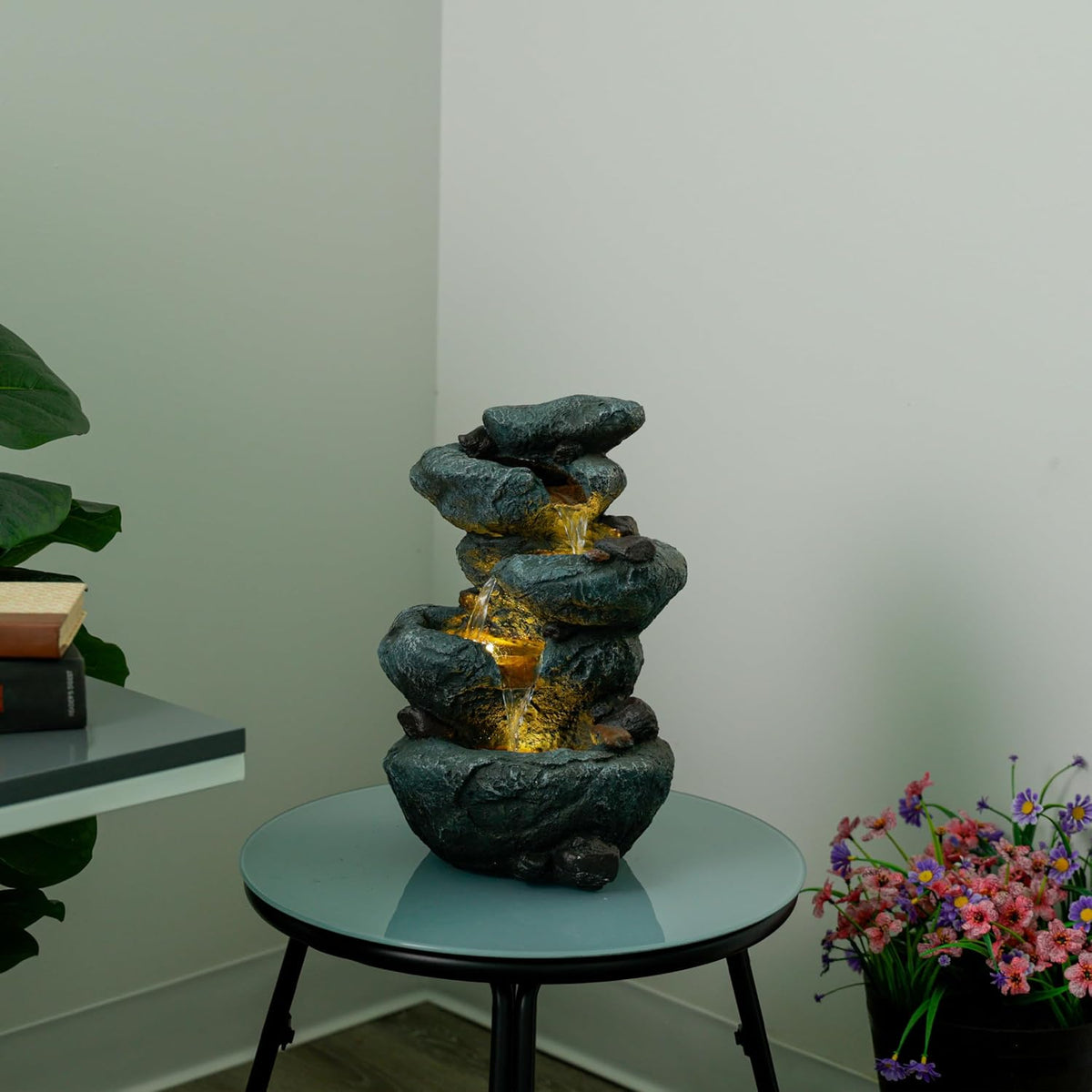 Alpine Corporation 13" Tall Indoor Tabletop Water Fountain, 4 Tier Cascading Water Feature with LED Lights for Home, Office, Living Room, or Zen Decor, Gray