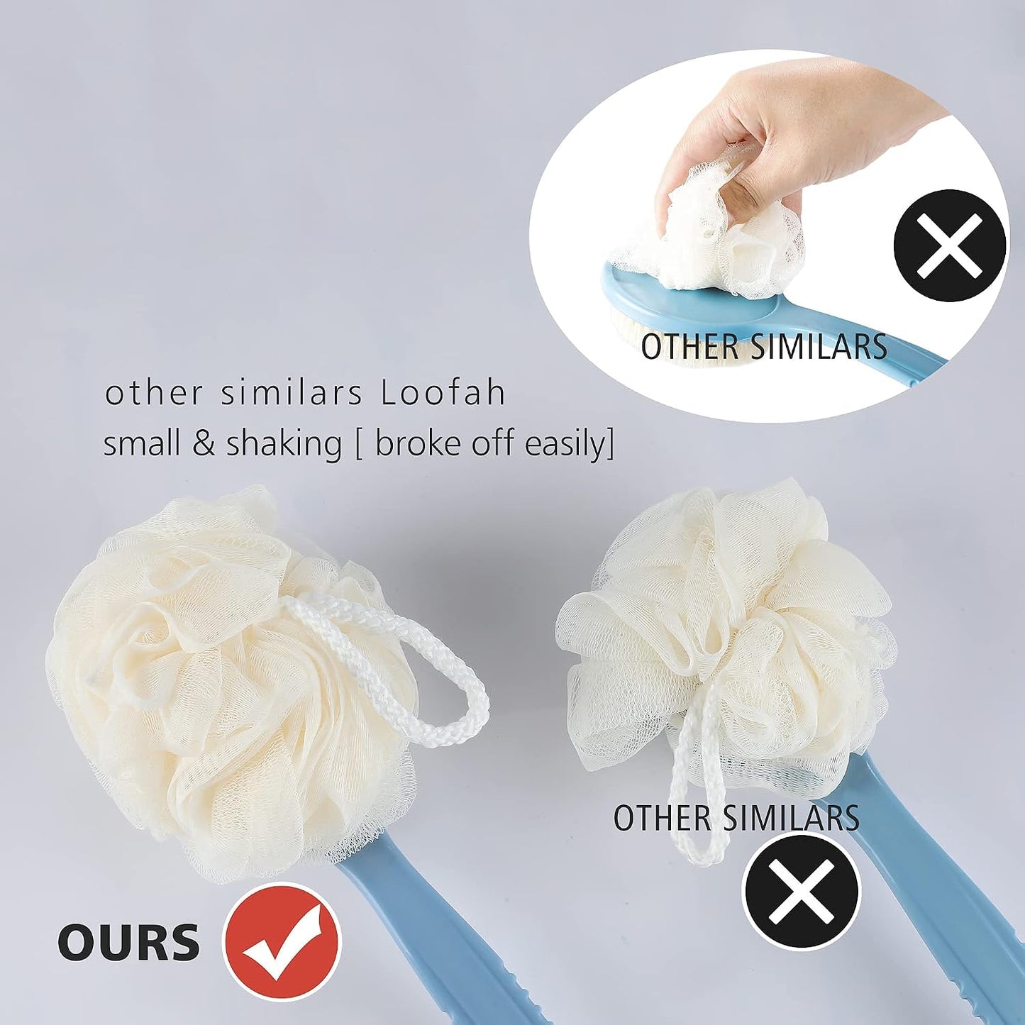 Shower Body Brush with Bristles and Loofah,Back Scrubber Bath Mesh Sponge with Curved Long Handle for Skin Exfoliating Bath, Massage Bristles Suitable for Wet or Dry, Men and Women (Blue)