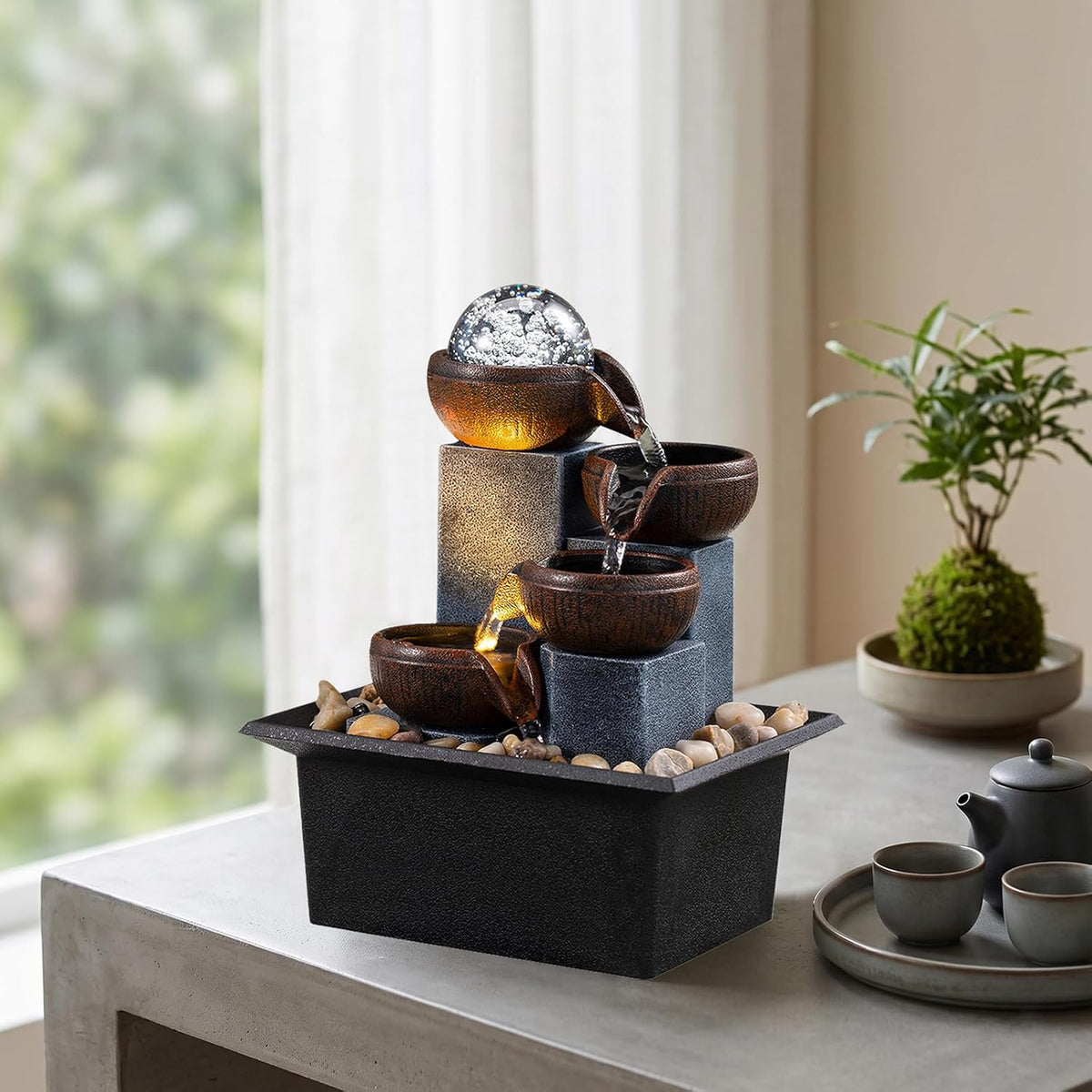 Tabletop Fountain 4 Level Tabletop Waterfall Indoor Meditation Fountain Office Home Relax Desktop Waterfall Includes Many Natural River Rocks LED Lights Bubble Ball Great Choice as Festival Gifts