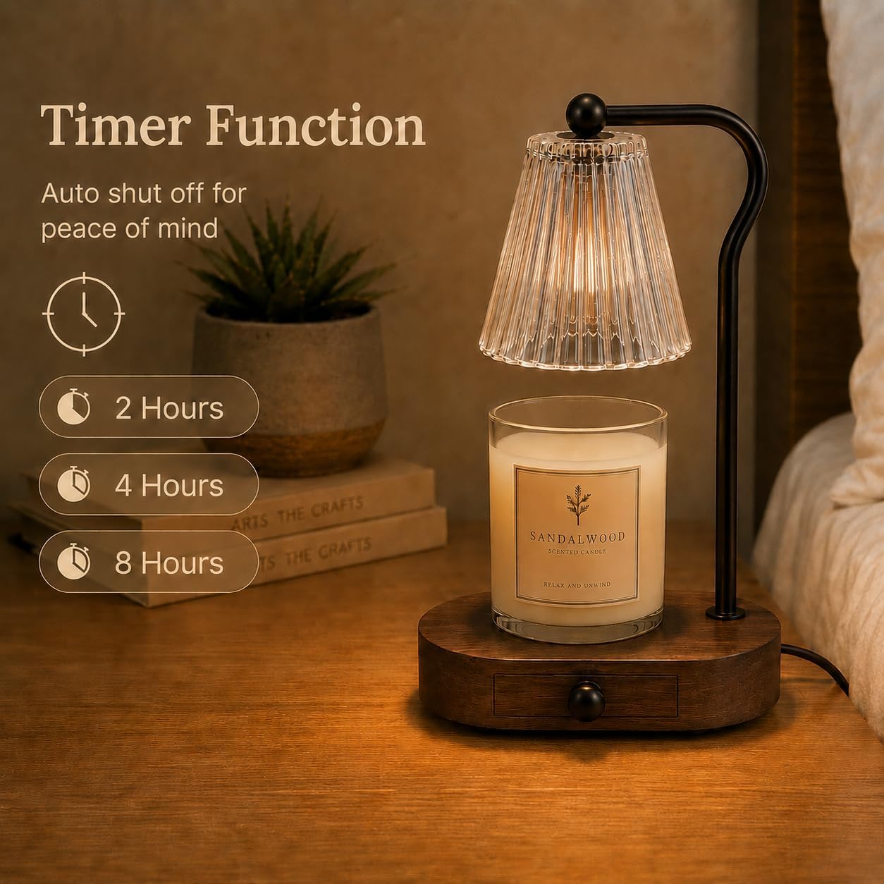Candle Warmer Lamp with Timer & Dimmer, Natural Wooden Base with Drawer, Gold-Tone Metal Stand, Extra Bulb Included, Candle Warming Lamp, Electric Candle Wax Warmer
