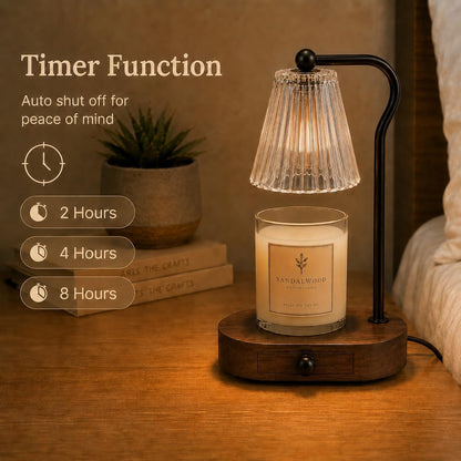 Candle Warmer Lamp with Timer & Dimmer, Natural Wooden Base with Drawer, Gold-Tone Metal Stand, Extra Bulb Included, Candle Warming Lamp, Electric Candle Wax Warmer