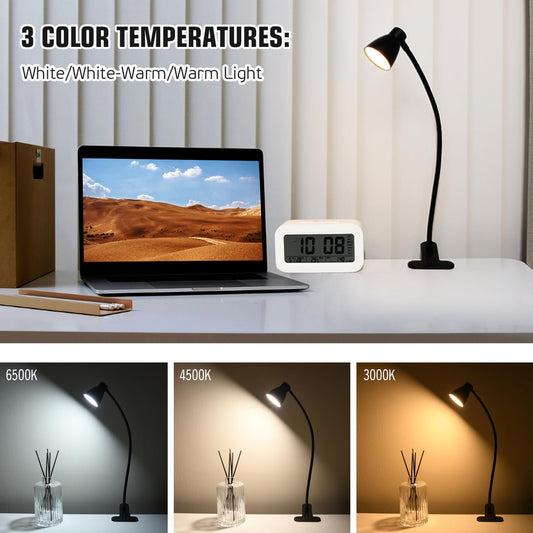 CRI 90+ Eye-Care Clip Light for Reading, 6W Small Clamp Lamp for Desk, Flexible Gooseneck Clip Lamp for Bed Headboard with 3 Color Modes & 10 Brightness(Adapter Include)