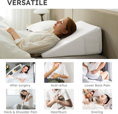 Bedluxe Wedge Pillow, 10 inch Bed Wedge Pillow for Headboard, Pillow Wedge for Acid Reflux Relief, Sleeping, Back Pain Relief, Snoring, Triangle Pillow Wedge, White/Grey