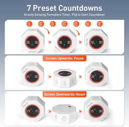 Secura Pomodoro Timer for ADHD & Productivity, Flip Cube Timer with 7 Presets (5/10/15/20/25/50/90 Min), Visual Countdown Progress Bar for Work, Study, Kids & Desk (Dark Gray)