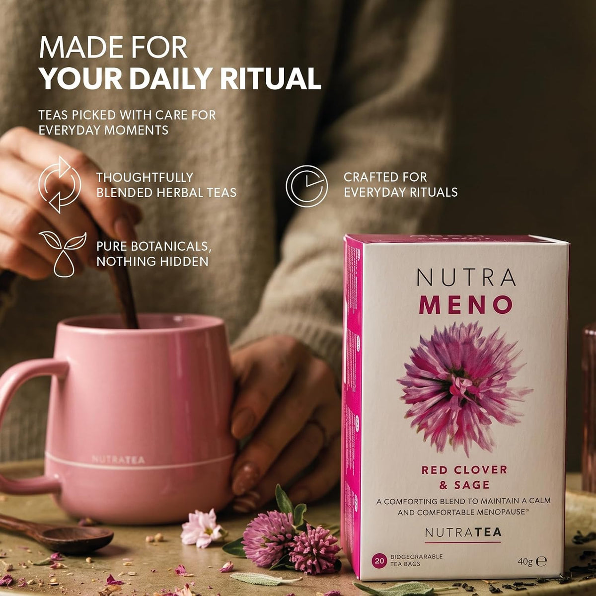 Nutra Tea NutraMeno - Menopause Tea, Red Clover Tea - Perimenopause & Menopause Relief For Women - Includes Red Clover, Sage & Rose - 20 Individually Wrapped Bags - Herbal Infusion (1 Pack)