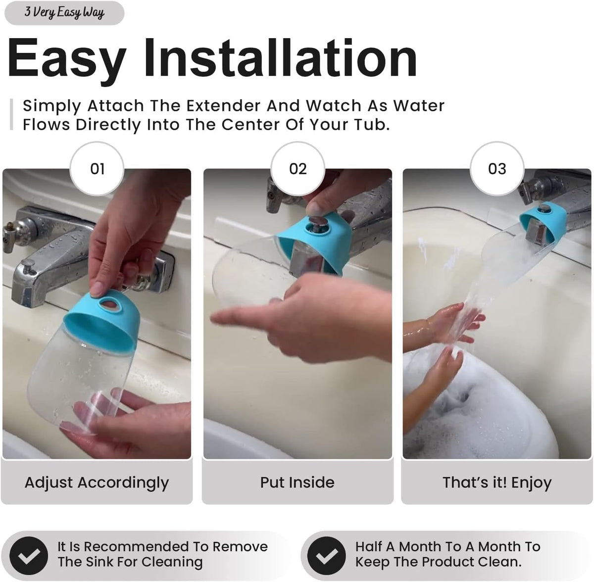 Bath Helper - Bath Tub Faucet Extender - Guides Water Directly from Faucet to Baby Bath Tub Without Excessive Water Waste and Splashing (Clear White)