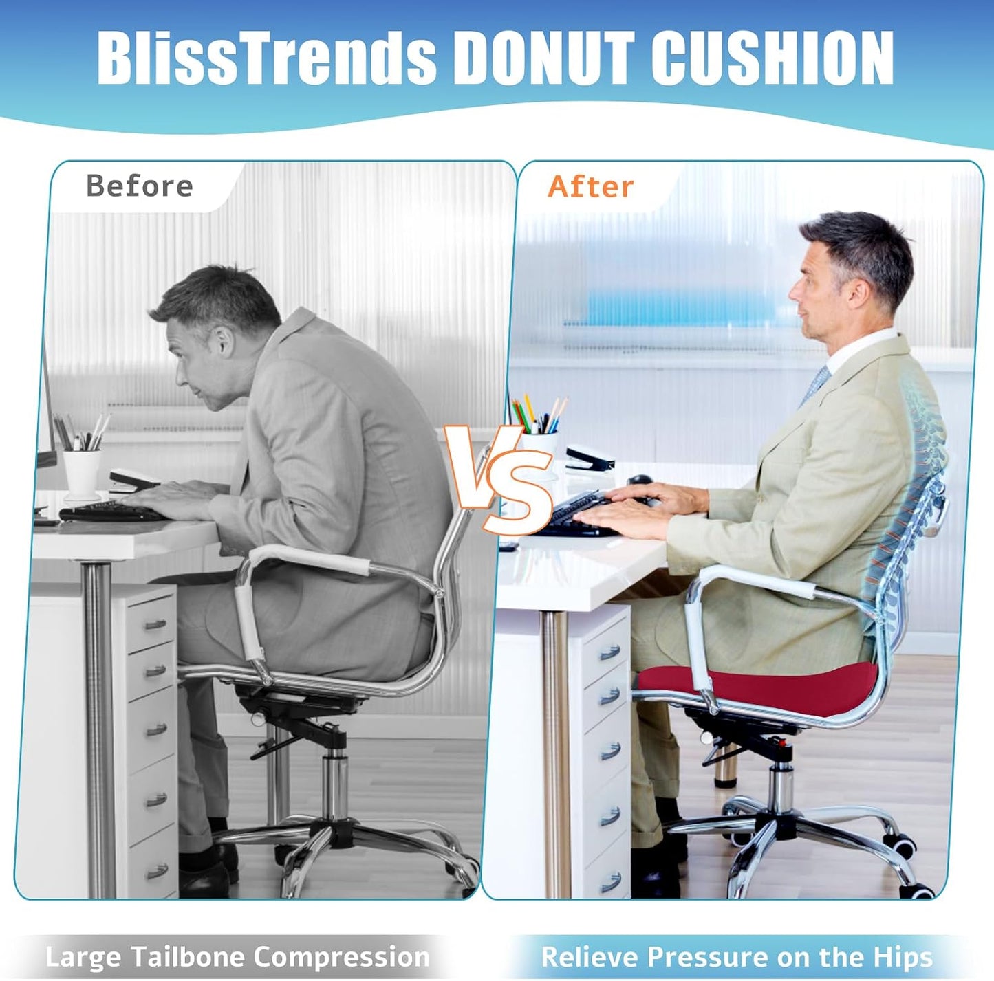 BlissTrends Donut Pillow Seat Cushion,Donut Chair Cushions for Postpartum Pregnancy & Hemorrhoids,Tailbone Pain Relief Cushion,Memory Foam Lifting Cushions for Office&Home Chairs (Black)