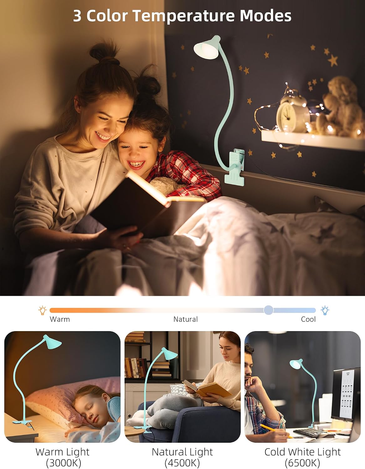 LiFMIRA Clip on Light USB Reading Light Desk Lamp 3 Color Modes Black