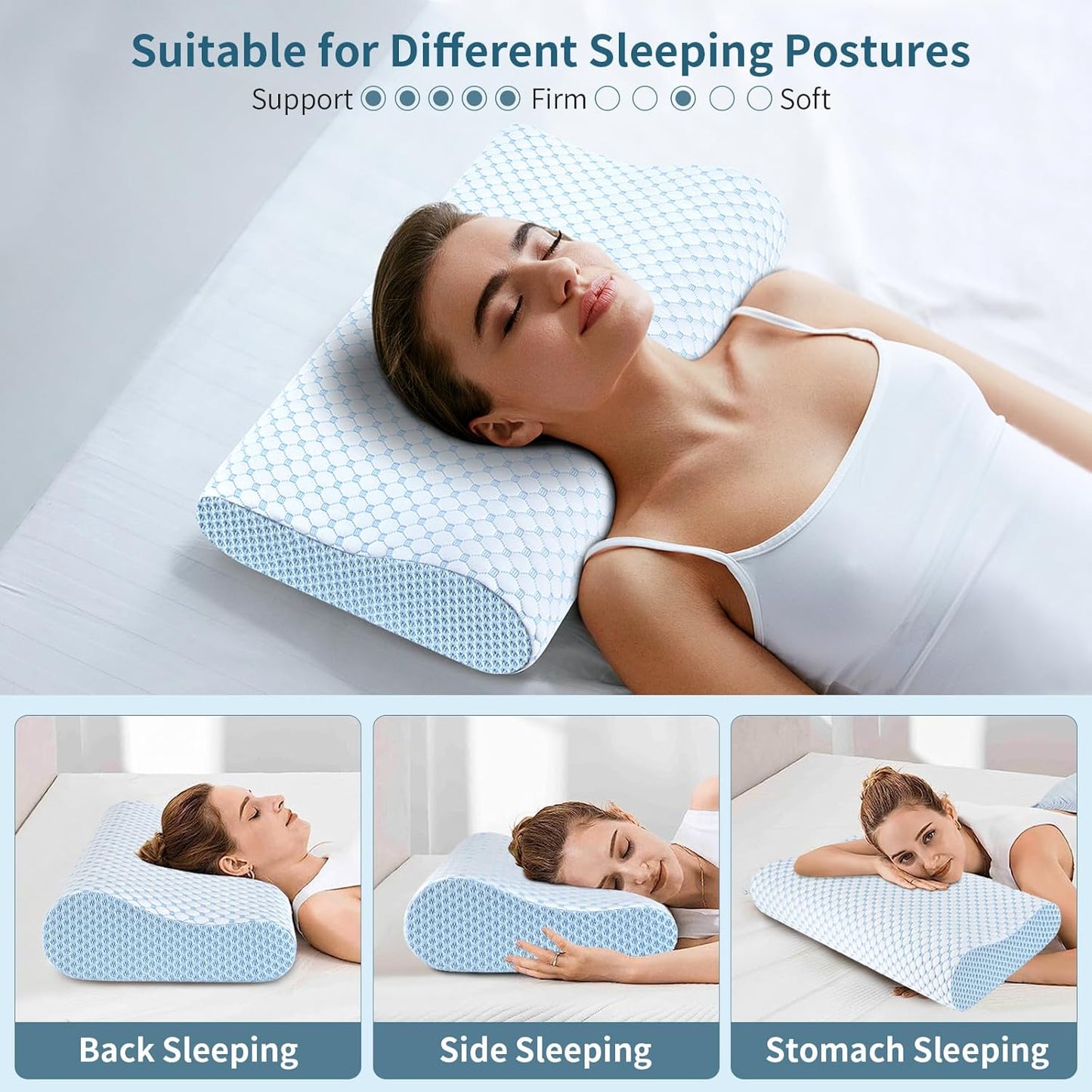 Cervical Pillow for Neck Pain Relief, Contour Memory Foam Pillows for Sleeping, Ergonomic Pillow Adjustable Orthopedic Cooling Pillow Bed Pillow Neck Support for Side Back Stomach Sleepers(Blue)