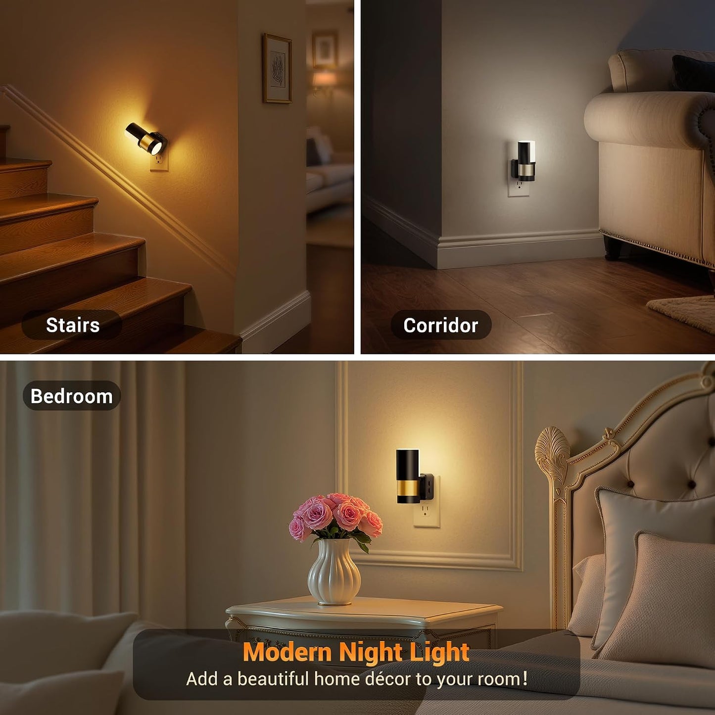 Amber Night Lights Plug into Wall, Dimmable Night Light Plug in, Modern Night Lights Auto On/Off, Amber Night Light 2000K, 0-100LM Adjustable Brightness Nightlight for Hallway Bedroom, 2 Pack