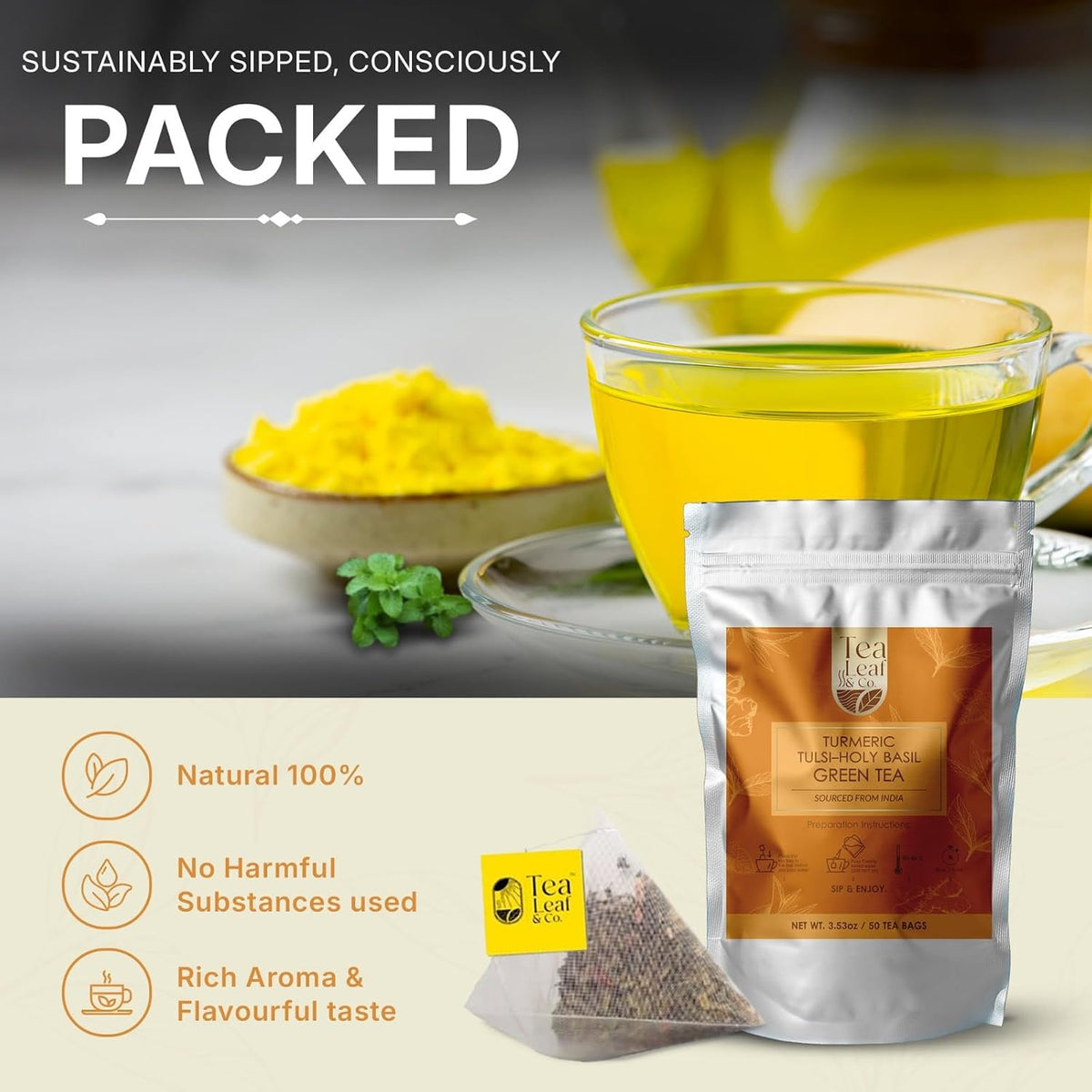 Turmeric, Peppermint & Basil Tulsi Green Tea Loose Leaf 3.5oz, 50 Tea Bags