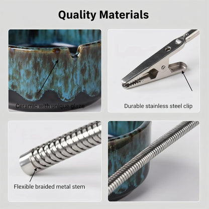 Modern Incense Holder with Flexible Metal Stand, Silver Ash Collector Base, Minimalist Design for Home Meditation and Aromatherapy. (Black + Clip)