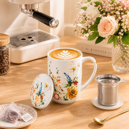 GBhome Tea Mug with Infuser and Lid, 18 Ounce Large Ceramic Loose Leaf Cup, Microwave, Dishwasher Safe, Perfect for Tea Lovers