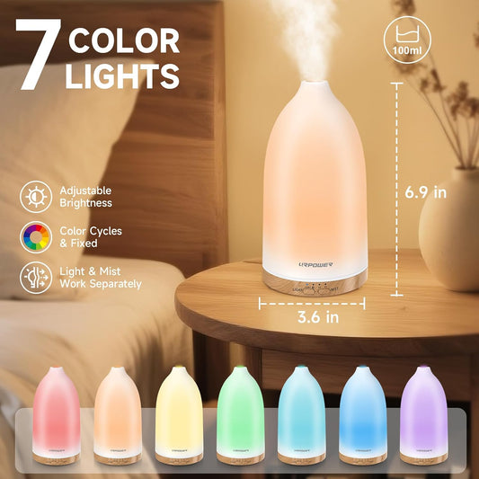 URPOWER 150ML Essential Oil Diffusers for Home, Ultrasonic Aromatherapy Diffuser with 7 Color Changing Lights, Timer & Auto Shut-Off, Scent Diffuser for Bedroom, Office, Yoga