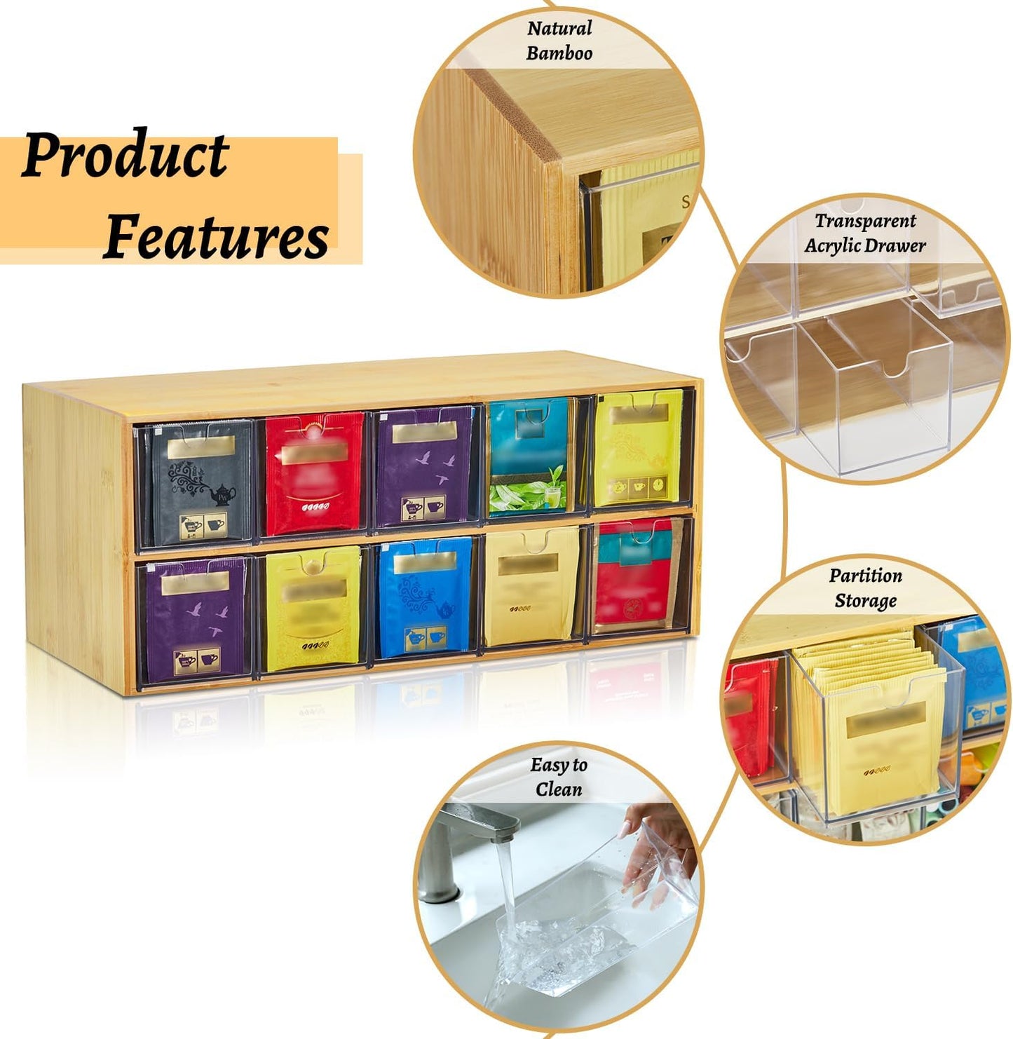 TIMIEEYA Tea Bag Organizer - Bamboo Tea Storage With Drawer 3 Layer, Organizer for Tea Bags Natural Wood & Acrylic for Countertop Office Kitchen Cabinet Pantry
