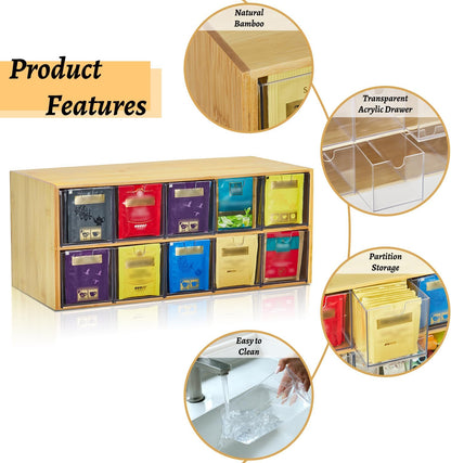 TIMIEEYA Tea Bag Organizer - Bamboo Tea Storage With Drawer 3 Layer, Organizer for Tea Bags Natural Wood & Acrylic for Countertop Office Kitchen Cabinet Pantry