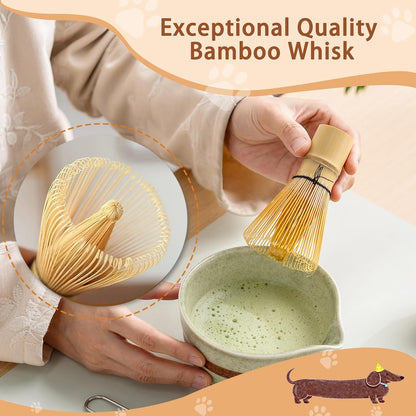 Matcha Set, Japanese Tea Set Includes Matcha Bowl with Spout, Matcha Whisk Holder, Bamboo Matcha Whisk and Bamboo Scoop, 17 oz Mottled Green Glaze Ceramic Matcha Kit for Tea Lovers