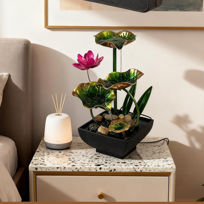 AOZITA Tabletop Fountain, Indoor Waterfall Fountain, Small Home Décor Zen Relaxation Soothing Sound Machine for Office, Living Room, or Bedroom,Blue Metal Lotus with Bud, River Rocks,Round LED