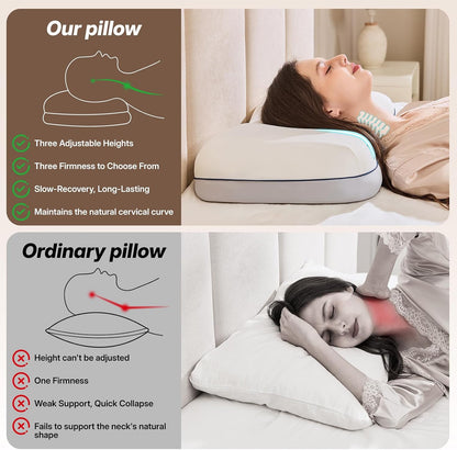 Cervical Neck Pillow for Neck Support, Adjustable Memory Foam Pillow with Customizable Height and Firmness for Side, Back, Stomach and CombSination Sleepers Programs, White 1 pcs