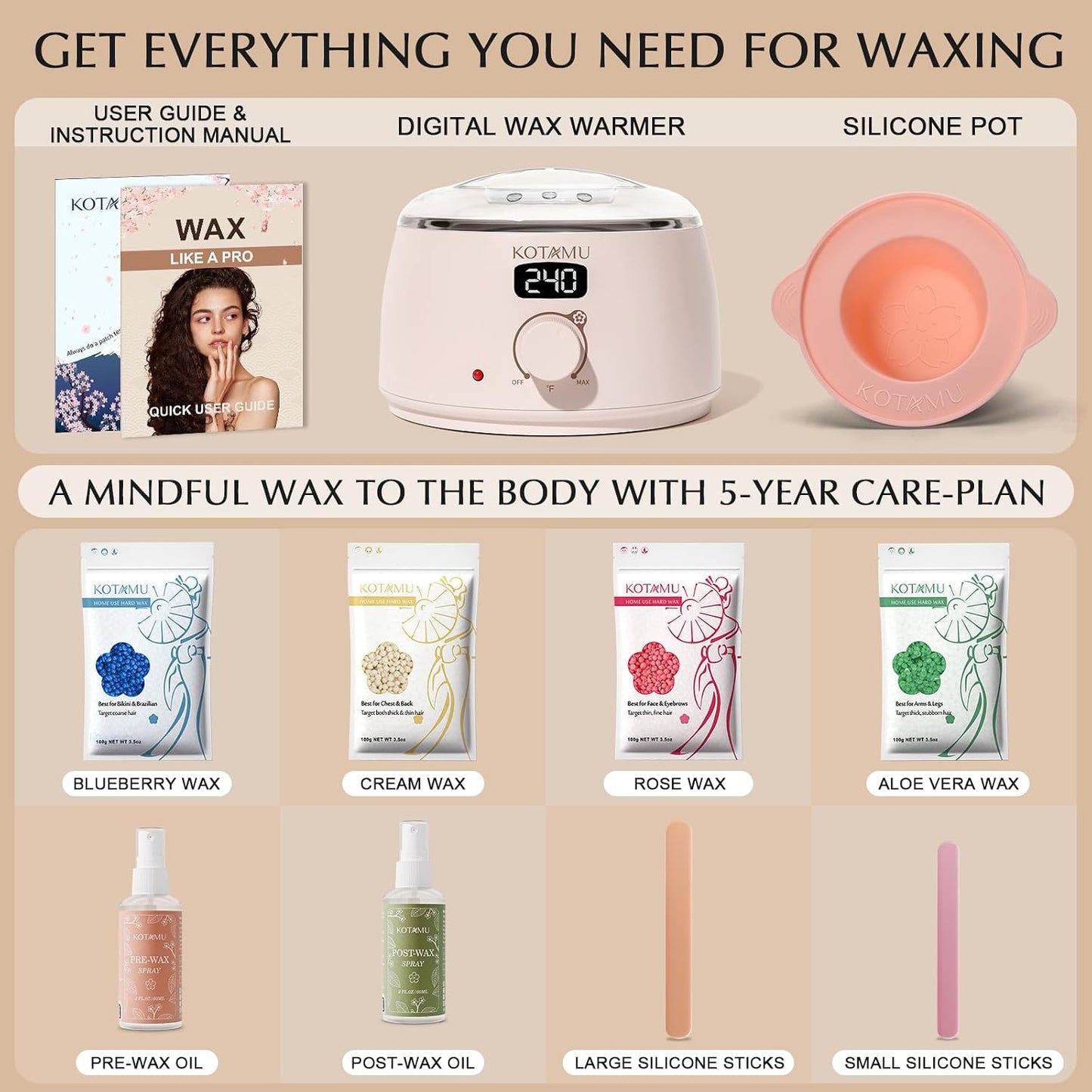 KOTAMU Waxing Kit for Women & Men, Pink Digital Wax Pot Warmer Hair Removal | Home Hard Wax Kit, Wax Machine, Face, Eyebrow, Bikini, Brazilian, Body, Sensitive Skin, 25 Accessories, Beginner-Friendly