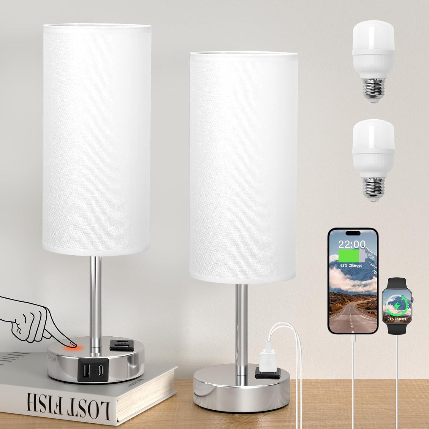 Dicoool Touch Table Lamp for Bedroom, 3 Way Dimmable Bedside Lamp with USB C & A Charging Ports - Small Desk Lamp for Dorm Room, College, Kids, Office, Living Room, White