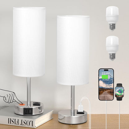Dicoool Touch Table Lamp for Bedroom, 3 Way Dimmable Bedside Lamp with USB C & A Charging Ports - Small Desk Lamp for Dorm Room, College, Kids, Office, Living Room, White