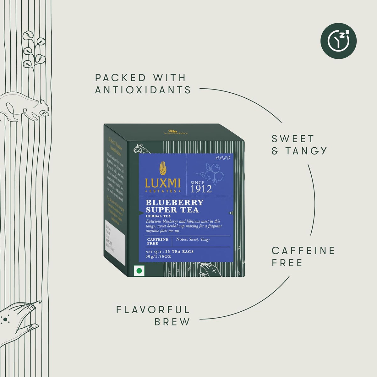 Luxmi Estates Blueberry Super Herbal Tea, 25 Tea Bags (50g, 1.76oz) | Caffeine-Free Fruit Herbal Infusion with Real Blueberry Bits, Hibiscus, Rosehips, Lemongrass, Orange Peel, Licorice, Lemon Balm & Cinnamon