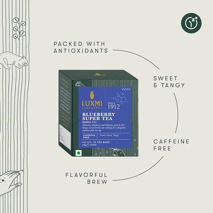 Luxmi Estates Blueberry Super Herbal Tea, 25 Tea Bags (50g, 1.76oz) | Caffeine-Free Fruit Herbal Infusion with Real Blueberry Bits, Hibiscus, Rosehips, Lemongrass, Orange Peel, Licorice, Lemon Balm & Cinnamon