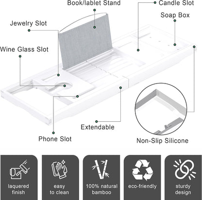 Foldable Bathtub Caddy Tray for Tub,Bamboo Expandable Bath Table Trays,Premium Bathroom Accessories for New Home & Mothers Day & Birthday Gifts for Couples,Natural
