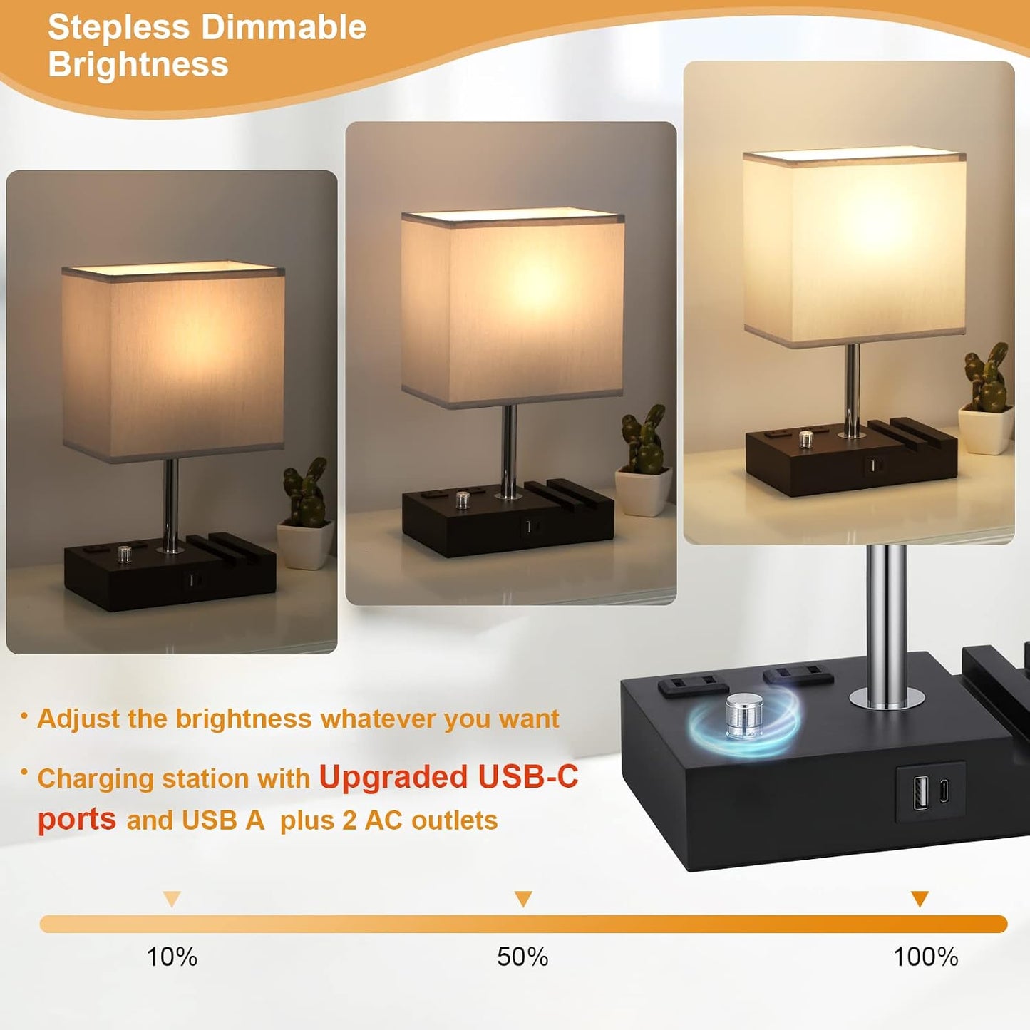 Kakanuo Fully Dimmable Nightstand Lamp for Bedroom with USB C Ports, Grey Small Bedside Table Lamp with Charging Outlets and Phone Stands, Wooden Desk Lamp for Living Room, LED Bulb Included