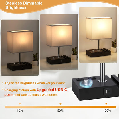 Kakanuo Fully Dimmable Nightstand Lamp for Bedroom with USB C Ports, Grey Small Bedside Table Lamp with Charging Outlets and Phone Stands, Wooden Desk Lamp for Living Room, LED Bulb Included